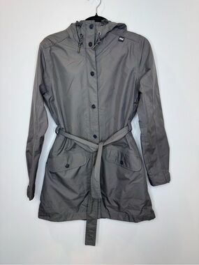 Helly Hansen Kirkwall II Raincoat Women's Gray Hooded Trench Coat sz medium